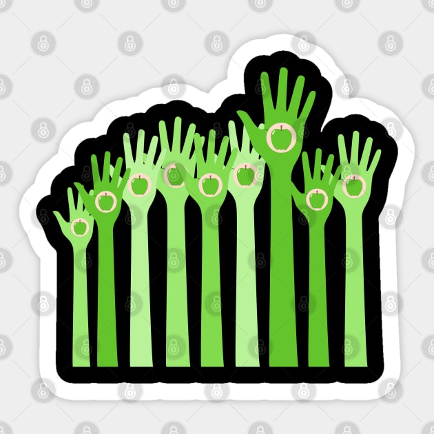 Raised green hands with apple inside Sticker by All About Nerds